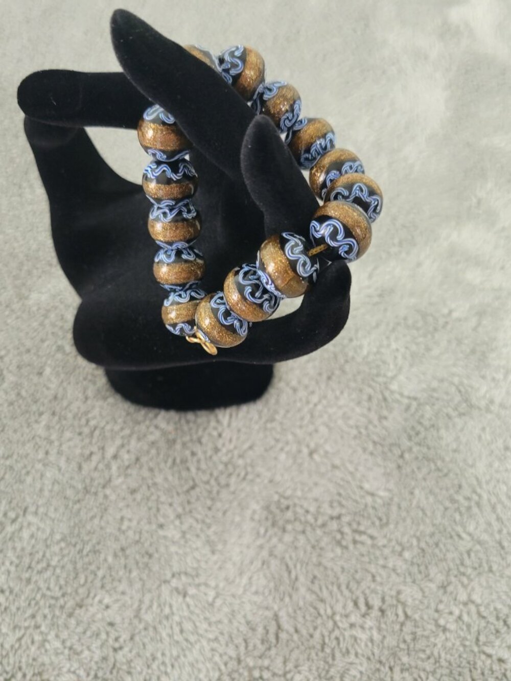 Vintage Murano Venetian Style Art Bead Bracelet Gold Shimmer Blue Swirl B4E - Picture 4 of 8